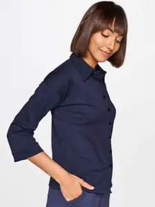 AND Women Navy Blue Solid Casual Shirt