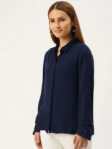 AND Women Navy Blue Opaque Casual Shirt