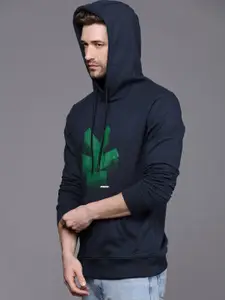 WROGN Men Navy Blue Printed Hooded Pullover Sweatshirt