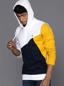 WROGN Men White & Navy Blue Colourblocked Hooded Sweatshirt