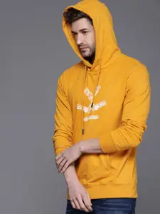 WROGN Men Mustard Yellow Brand Logo Printed Hooded Pullover Sweatshirt