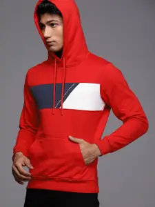 WROGN Men Red & Navy Blue Colourblocked Hooded Sweatshirt