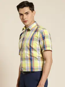 Hancock Men Yellow & Navy Blue Pure Cotton Slim Fit Tartan Checked Formal Shirt