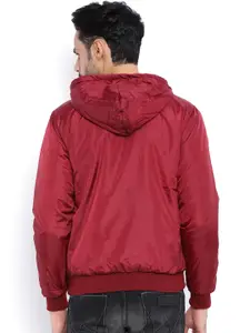 Campus Sutra Maroon Hooded Quilted Bomber Jacket