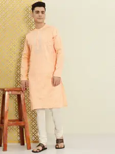 House of Pataudi Men Beige Ethnic Motifs Printed Thread Work Kurta