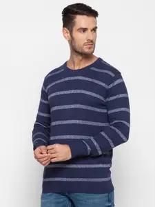 SPYKAR Men Blue & Grey Striped Pullover Pure Cotton Sweater