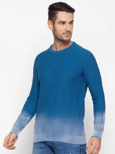 SPYKAR Men Blue Ribbed Pullover Pure Cotton Sweater