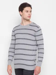 SPYKAR Men Grey & Blue Striped Pullover Pure Cotton Sweater