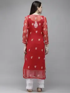 ADA Women Red Ethnic Motifs Embroidered Chikankari Georgette Handloom Kurta with a Matching Slip