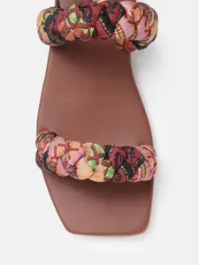Sangria Girls Brown & Pink Printed Braided Open Toe Flats