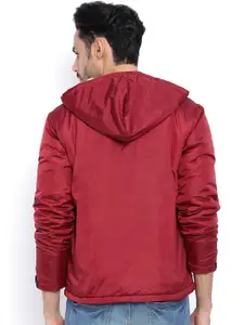 Campus Sutra Maroon Quilted Hooded Bomber Jacket