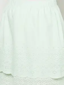Purple State Women Sea Green Self Design Pure Cotton Schiffli Tiered Mini Skirt