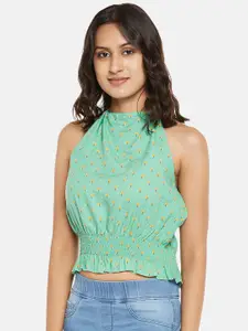 People Conversational Printed Halter Neck Smocked Blouson Crop Top