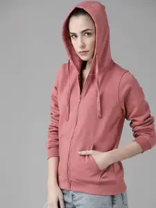 Roadster Women Peach-Coloured Solid Hooded Sweatshirt