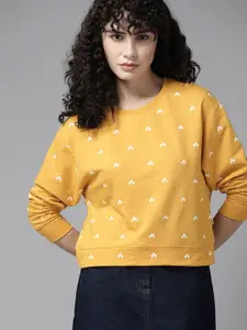Roadster Women Mustard Yellow & White Geometric Printed Drop Shoulder Sweatshirt