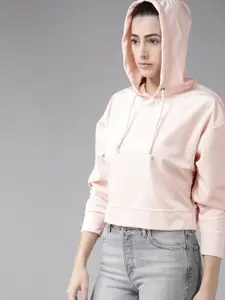 Roadster Women Peach-Coloured Solid Velour Hooded Sweatshirt