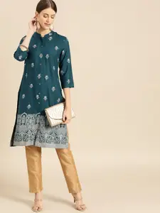 Anouk Women Teal Blue Ethnic Motifs Foil Printed Kurta