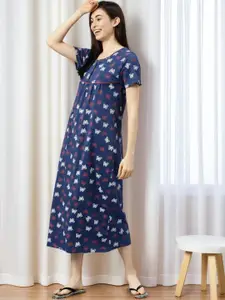 Kryptic Women Navy Blue Printed Nightdress