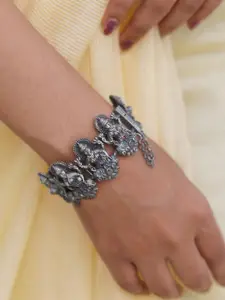 TEEJH Women Silver-Toned & Silver-Plated Red Stone Oxidized Bangle-Style Bracelet