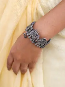 TEEJH Women Silver-Toned Oxidised Ellora Elephant Bangle-Style Bracelet