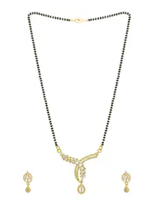 aadita Gold-Plated Black & White AD-Studded & Beaded Mangalsutra With Earrings