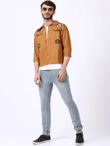 VOXATI Men Mustard Denim Jacket with Patchwork