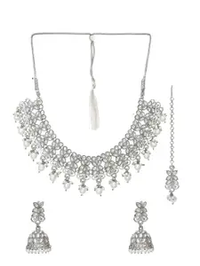 aadita Women Silver-Toned Pearl and Stone Oxidized Necklace & Earrings With Maang Tikka