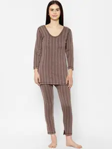MACK JONNEY Women Coffee Brown Striped Thermal Top
