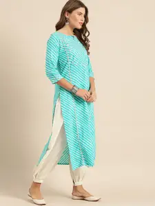 Varanga Women Turquoise Blue & White Leheriya Printed Gotta Patti Straight Kurta