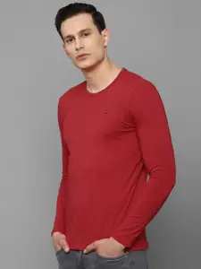 Louis Philippe Jeans Men Red Solid Pure Cotton T-shirt