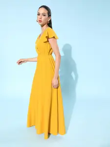 Berrylush Women Yellow Solid Flutter Sleeves Dress