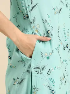 Anouk Women Sea Green Floral Printed Mirror Work Kurta