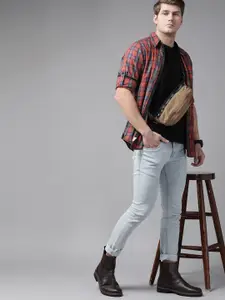 Roadster Men Rust Red & Navy Blue Pure Cotton Slim Fit Tartan Checked Casual Shirt