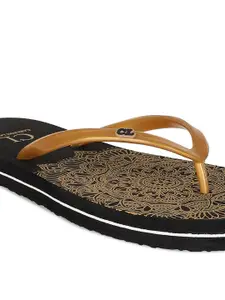 Carlton London Women Gold-Toned & Black Printed Thong Flip-Flops