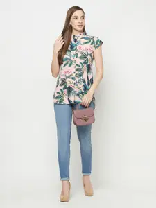 Purple State Pink & Green Tropical Printed Mandarin Collar Shirt Style Top