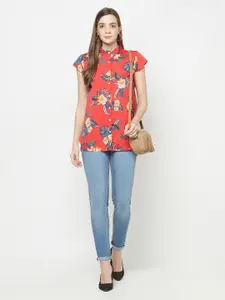 Purple State Red & Yellow Tropical Printed Mandarin Collar Shirt Style Top