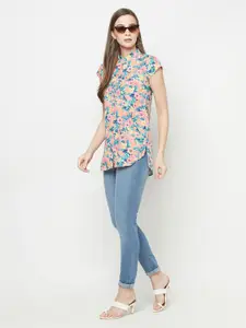 Purple State Blue & Pink Floral Mandarin Collar Shirt Style Top