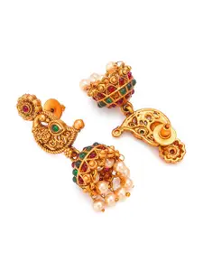 aadita Gold Plated Green & Pink Peacock Shaped Jhumkas Earrings