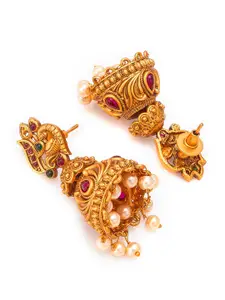 aadita Gold Plated Pink & Gold Peacock Shaped Jhumkas Earrings