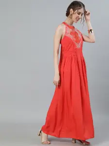 Ishin Peach-Coloured Embellished Maxi Dress