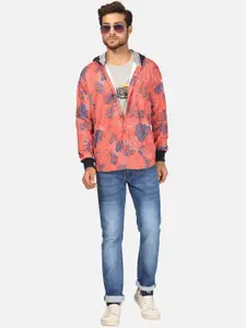 BULLMER Men Coral Red & Navy Blue Floral Opaque Printed Fleece Hooded Casual Shirt