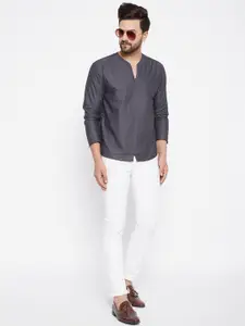 even Men Grey Geometric Printed Dobby Kurta