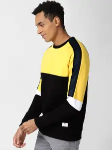 Peter England Casuals Men Black & Yellow Colourblocked Sweatshirt