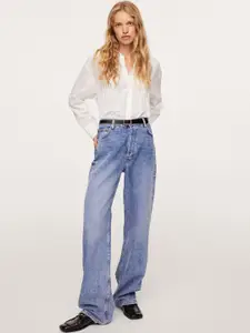 MANGO Women White Solid Cotton Pleated Casual Shirt