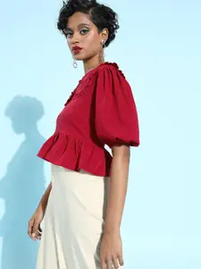 Sera Maroon Crepe Above The Keyboard Collar Peplum Top