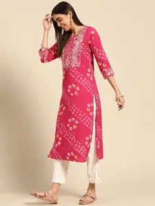 FASHOR Women Pink & White Pure Cotton Bandhani Print Sequin & Mirror Embroidered Kurta