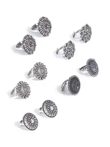 Yellow Chimes Women Set Of 5 Silver-Toned & Plated Floral Oxidised Designer Toe Rings