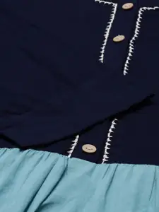 Neerus Women Navy Blue & Off White Tiered Colourblocked Kurta