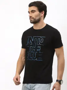 Pepe Jeans Men Black  Blue Typography Printed Slim Fit Pure Cotton T-shirt