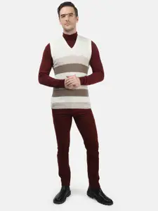Monte Carlo Men Brown & White Striped Woollen Sweater Vest
